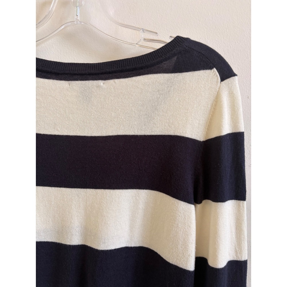 Tommy Hilfiger Womens Rugby Striped V-Neck Sweater Navy  Cream Knit Pullover Med - Picture 6 of 6